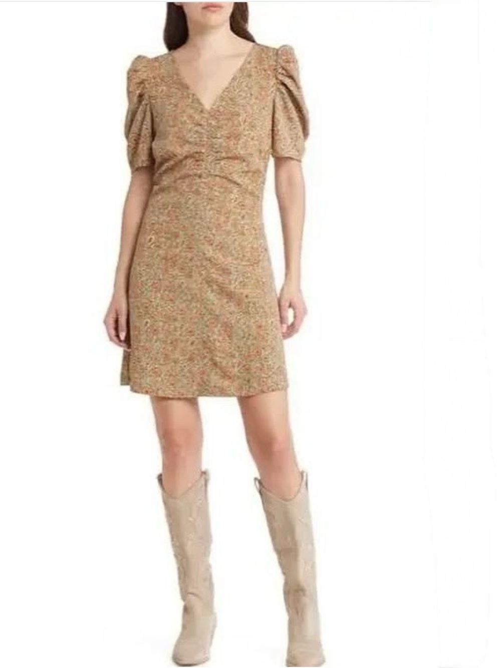 TREASURE & BOND, Green-Rust Jess Floral Paisley Ruched Puffy Sleeve Dress, Sz S